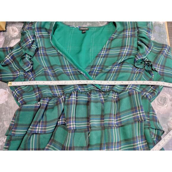 Torrid Chiffon Ruffled Surplice Crop Top Long Sleeve Plaid Green Womens Size 1 - Picture 6 of 8